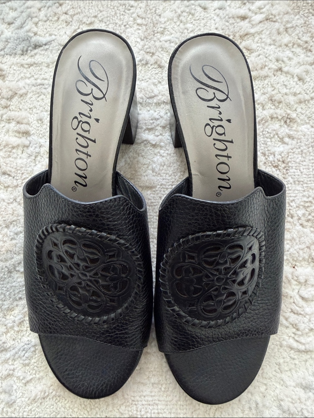 Brighton Black Leather Open-Toe Slip-On Mules